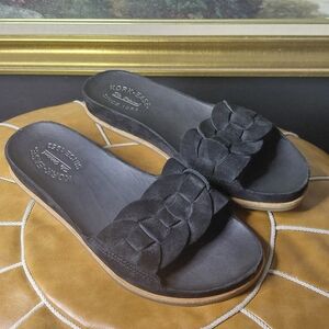 Kork-Ease Dolphin Black Suede Woven Slide Sandals